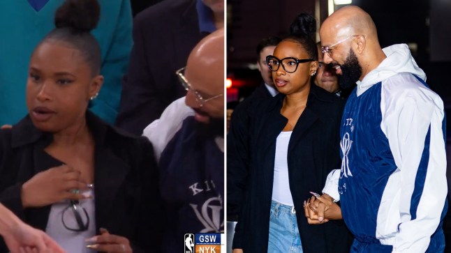 Compilation picture of Jennifer Hudson after getting hit by basketball and of her and boyfriend Common arriving at game (R)