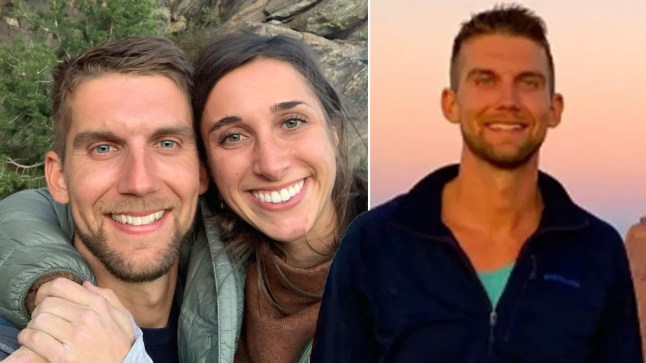 YouTuber Andrew Cross smiles alongside his wife Evelyn, and a picture of him alone in front o orange sunlight