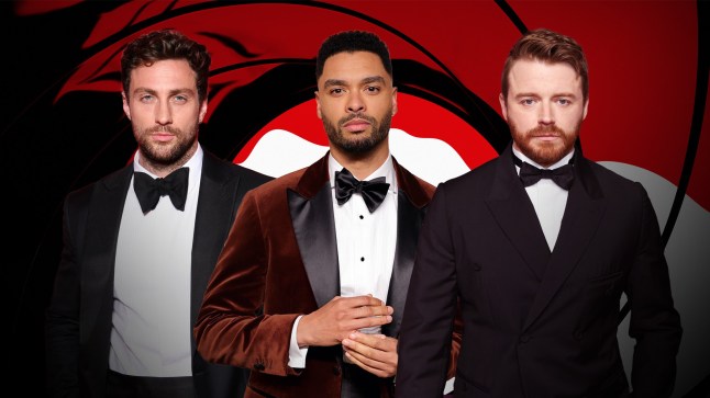 A compilation image of Aaron Taylor-Johnson, Rege-Jean Page, and Jack Lowden in front of the James Bond gun barrel background