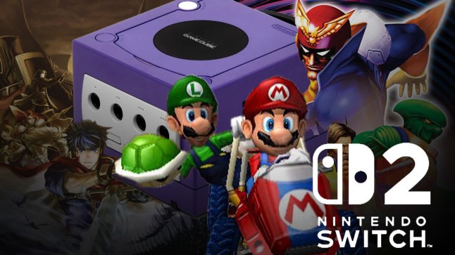 GameCube console with Mario Kart: Double Dash!! visuals and Nintendo Switch 2 logo