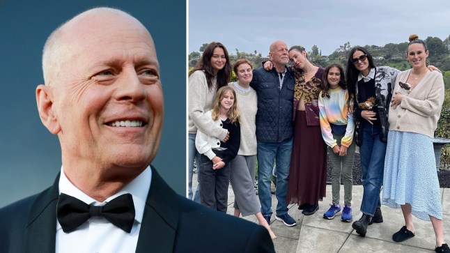 Compilation image of Bruce Willis alongside a picture of his blended family