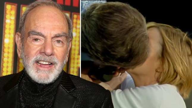 Compilation image of Neil Diamond and him kissing a blonde fan while crouching on stage