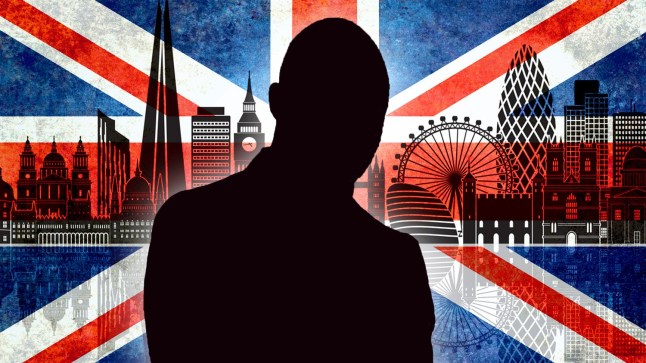 Silhouette against London background and union jack flag