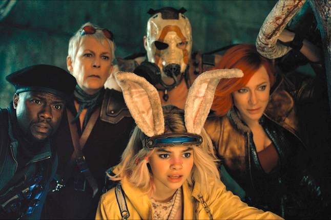 This image released by Lionsgate shows, from left, Kevin Hart as Roland, Jamie Lee Curtis as Tannis, Ariana Greenblatt as Tiny Tina, Florian Munteanu as Krieg, and Cate Blanchett as Lilith in a scene from "Borderlands." (Lionsgate via AP)