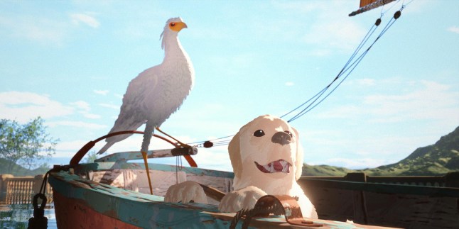 Flow still of an animate bird and dog in a boat