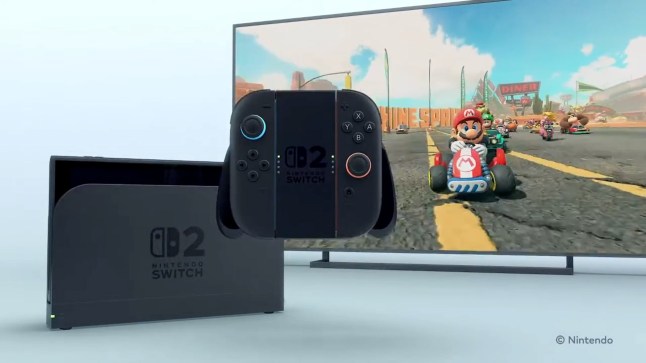 Nintendo Switch 2 dock with Mario Kart 9 playing on TV
