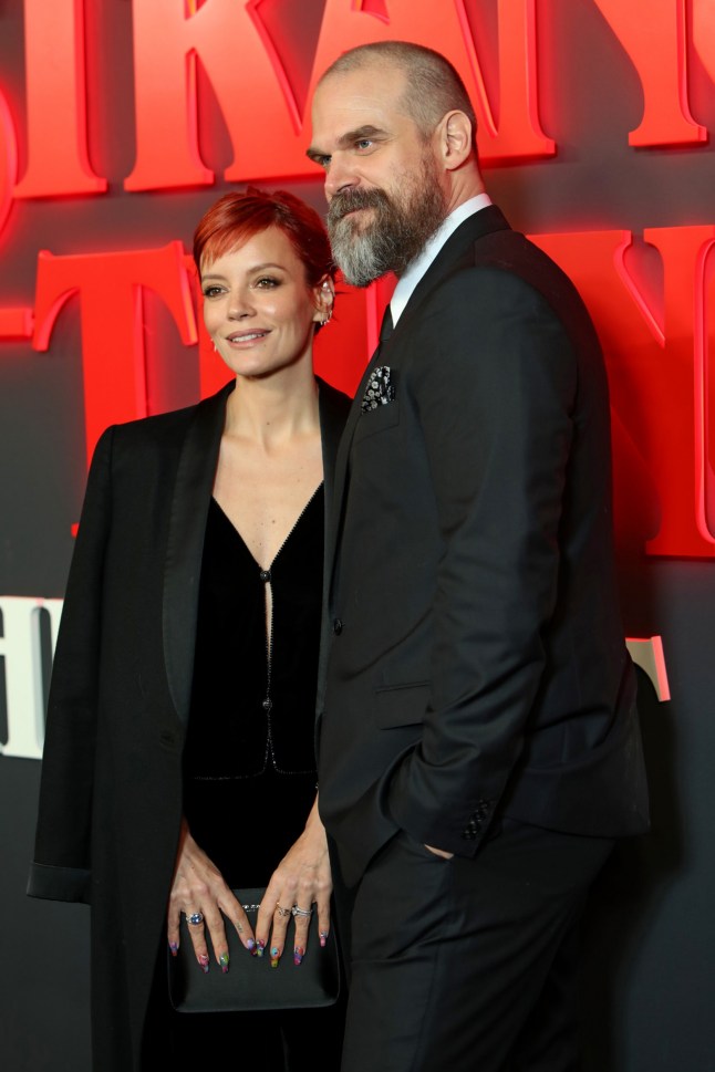 LONDON, ENGLAND - DECEMBER 14: Lily Allen and David Harbour attend the "Stranger Things: The First Shadow" World Premiere at the Phoenix Theatre on December 14, 2023 in London, England. (Photo by Shane Anthony Sinclair/Getty Images)