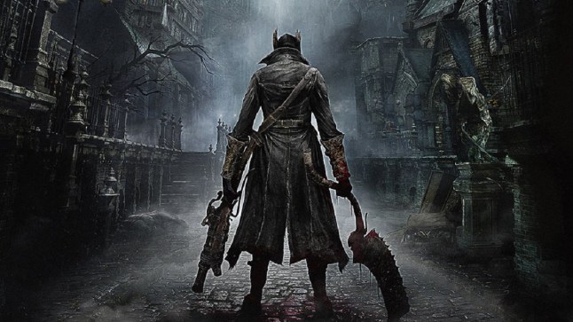 Bloodborne key art main character in leather coat holding two weapons as they stand in empty street