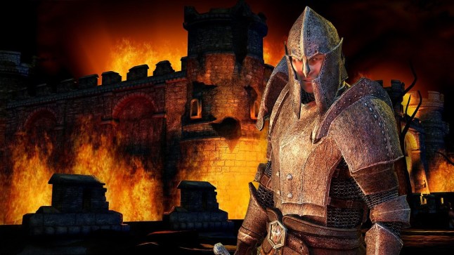 Elder Scrolls 4 Oblivion knight standing in front of burning castle walls