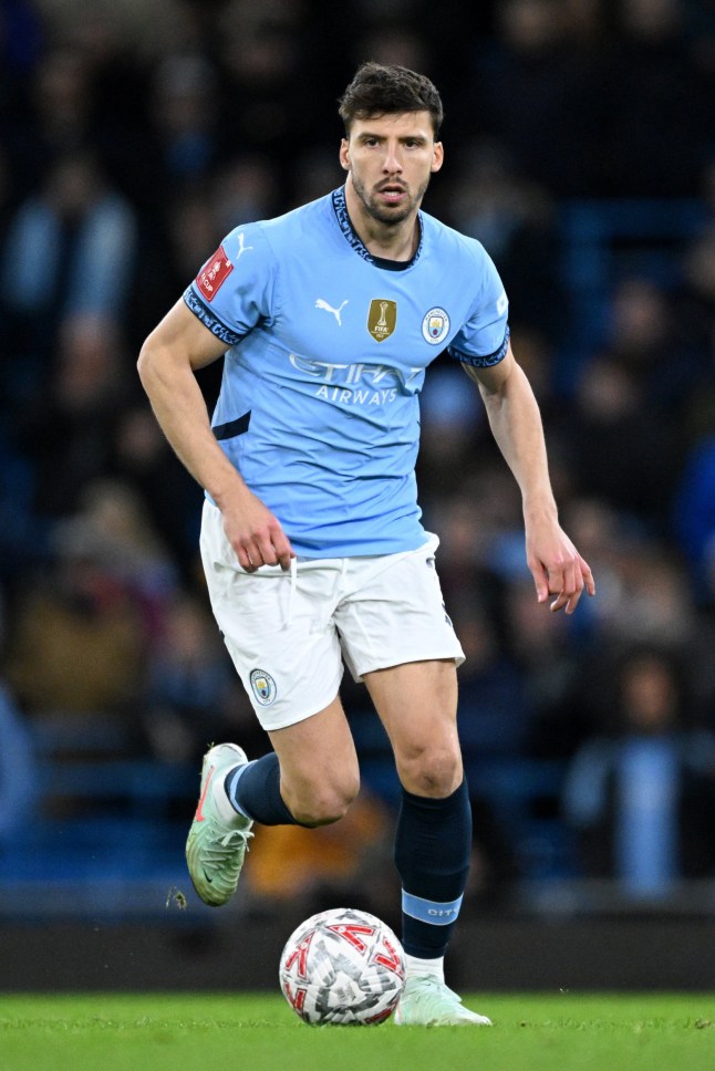 MANCHESTER, ENGLAND - MARCH 01: Ruben Dias of Manchester City during the Emirates FA Cup Fifth Round match between Manchester City and Plymouth Argyle at Etihad Stadium on March 01, 2025 in Manchester, England. (Photo by Justin Setterfield/Getty Images)