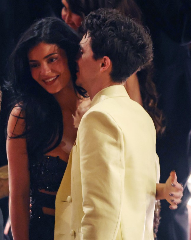 Timothee Chalamet, who is nominated for the Best Actor in a Leading Role award for "A Complete Unknown", and Kylie Jenner embrace ahead of the Oscars show at the 97th Academy Awards in Hollywood, Los Angeles, California, U.S., March 2, 2025. REUTERS/Carlos Barria