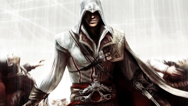 Assassin's Creed 2 protagonist Ezio smirking as he walks past falling bodies