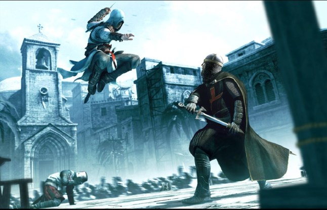 Assassin's Creed Ezio leaping from above to attack an enemy who is drawing his sword