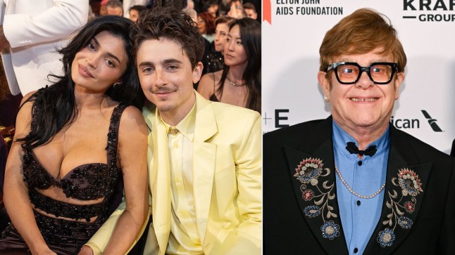A compilation image of Kylie Jenner and Timothee Chalamet posing together at the Oscars, and Elton John on the red carpet