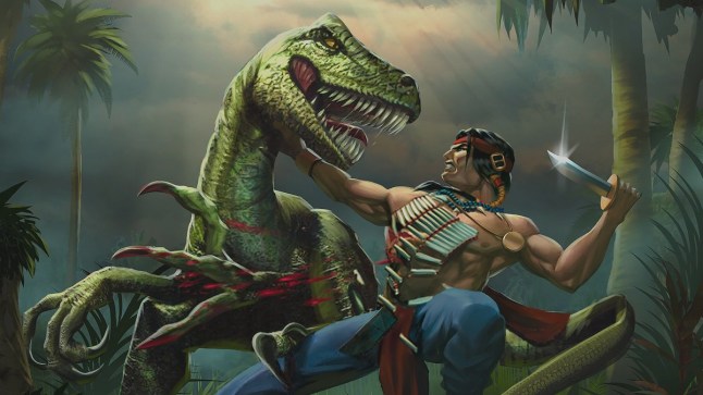 Turok Dinosaur Hunter bare chested soldier raising knife to stab at large dinosaur