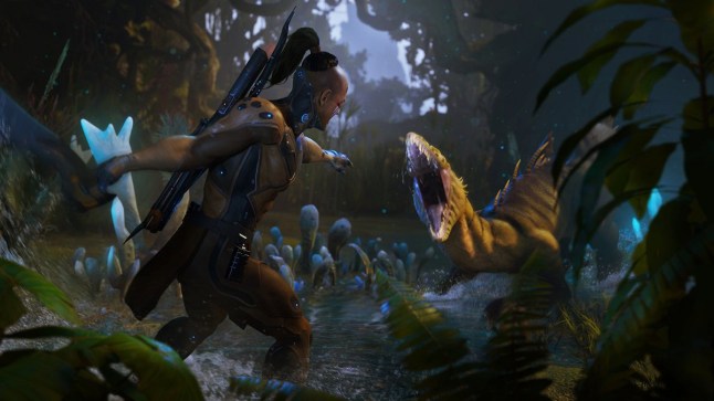 Turok Origins main character facing roaring dinosaur in a jungle