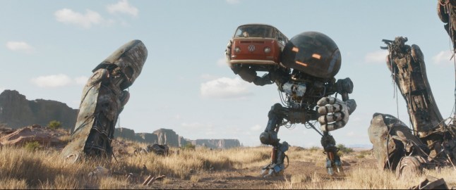 The Electric State. Herman (voiced by Anthony Mackie) provides a helping hand to Michelle (Millie Bobby Brown), Cosmo (voiced by Alan Tudyk) and Keats (Chris Pratt) in The Electric State. ???/?? 2024 Netflix. Used with permission.