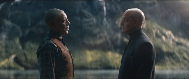 The Electric State. (L to R) Colonel Bradbury (Giancarlo Esposito) and Ethan Skate (Stanley Tucci) in The Electric State. ???/?? 2024 Netflix. Used with permission