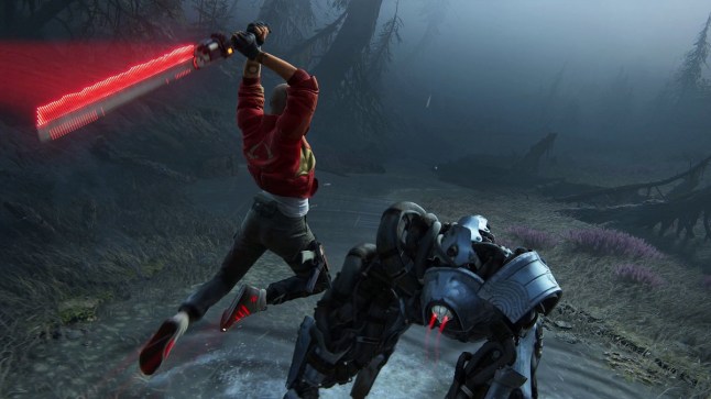 Intergalactic The Heretic Prophet main character holding a glowing red laser sword leaping from above to attack a robot
