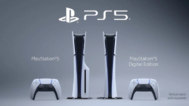 two iterations of the PlayStation 5 standing next to each other alongside two controllers