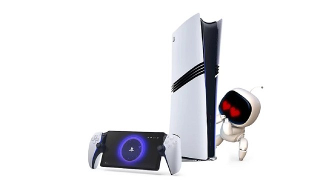 A PS5 console and PlayStation Portal next to an Astro Bot character with heart eyes