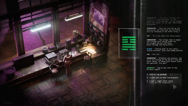 XXX Nightshift gameplay player character standing at desk with a dialogue log unfurled on the right hand side