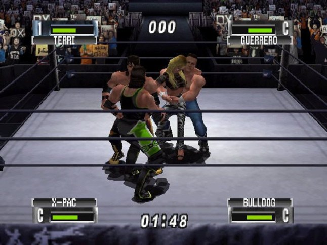 WWF No Mercy gameplay four wrestlers in a ring fighting each other