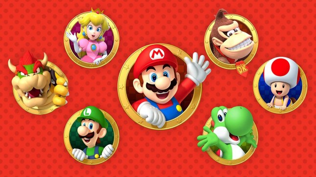 Mario Day art featuring Mario, Luigi, Peach, Donkey Kong, Bowser, Yoshi, and Toad waving