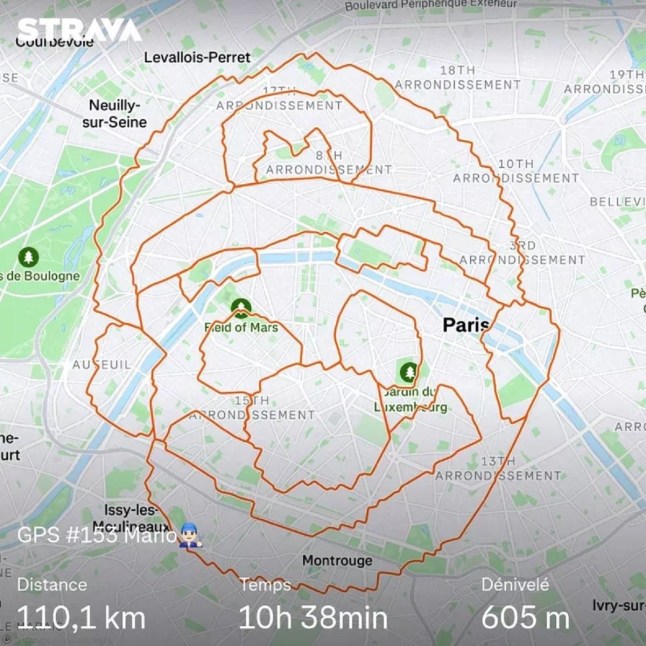 GPS drawing of Mario's face across a map of Paris
