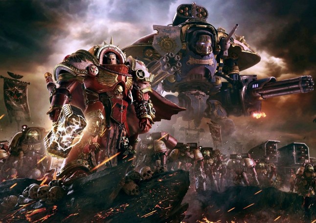 Warhammer 40,000 Dawn of War 3 army of armored soldiers marching led by a large commander in red