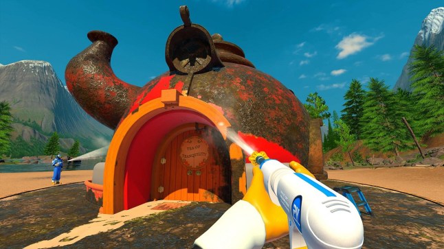 PowerWash Simulator 2 still, showing two players spraying a teapot-shaped building covered in dirt.
