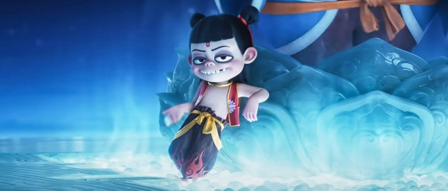 Ne Zha leans back on blue lotus petals in a casual pose, in a scene from Ne Zha 2