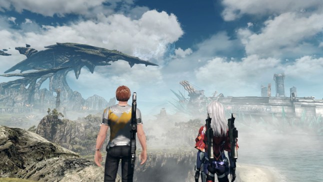 Xenoblade Chronicles X: Definitive Edition screenshot of a landscape and two characters