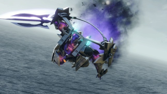 A still from the game Xenoblade Chronicles X: Definitive Edition, showing a robot flying over the sea with purple smoke trailing it.