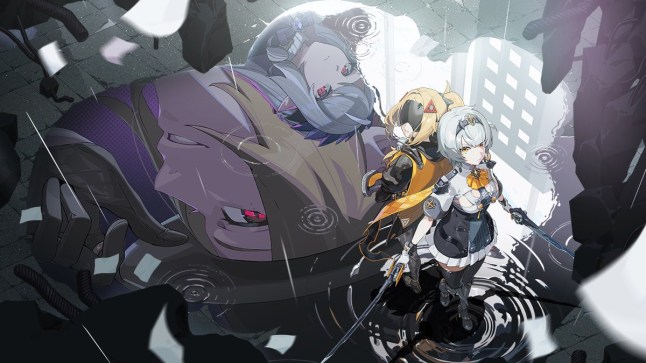 Zenless Zone Zero key visual two women standing in the rain while a large puddle reflects two faces