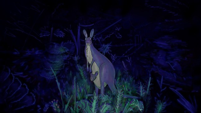 Animal Well kangaroo with baby in its pouch standing in the dark