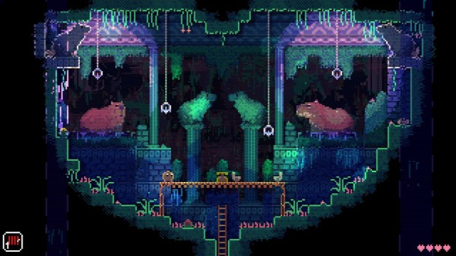 Animal Well maze area with two capybaras standing on platforms