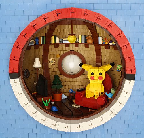 A fan-made Lego interior of a pokéball, featuring Pikachu