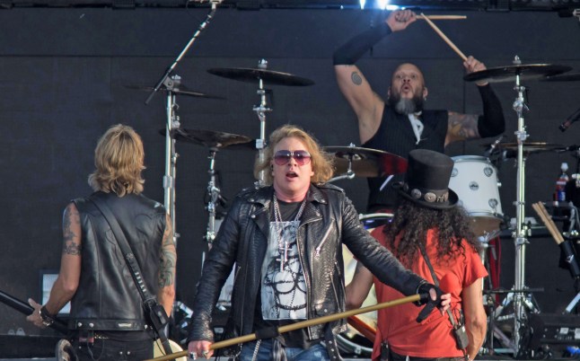 DONNINGTON, ENGLAND - JUNE 09: (L-R) Duff McKagan, Axl Rose, Frank Ferrer and Slash of Guns 'N' Roses performs at Donington Park on June 9, 2018 in Donington, England. (Photo by Jo Hale/Redferns)