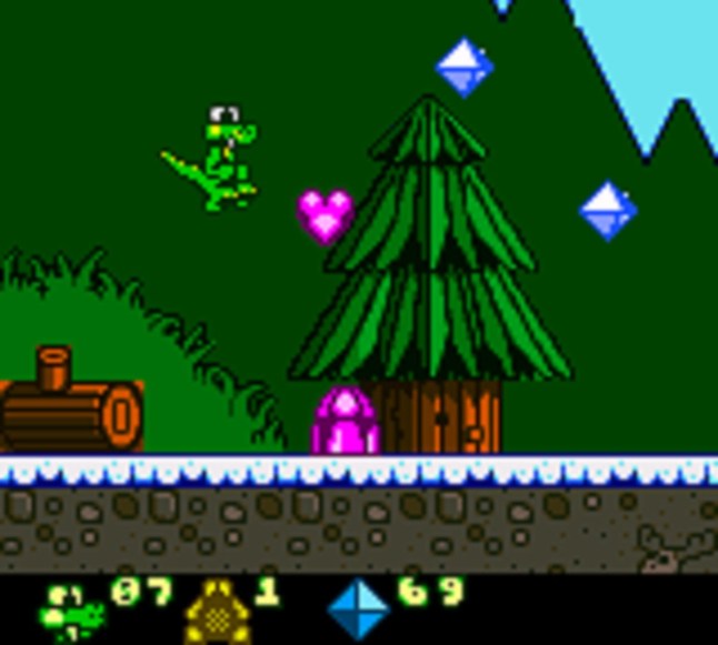Croc jumping in forest with floating hearts and diamonds