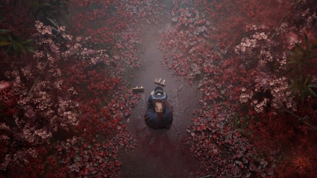 Silent Hill f schoolgirl kneeling on ground surrounded by red plants