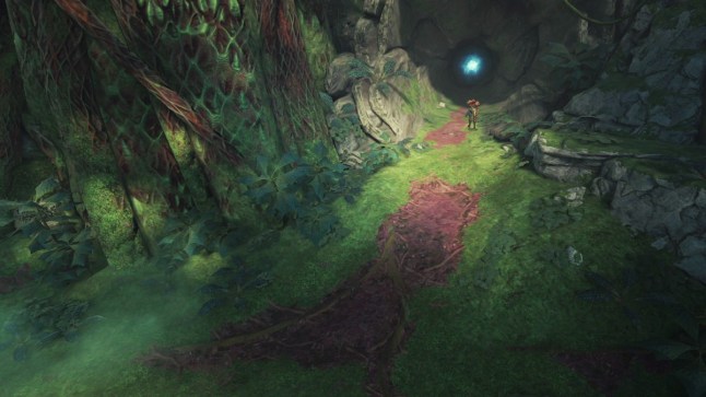 Metroid Prime 4 Samus stepping into jungle area