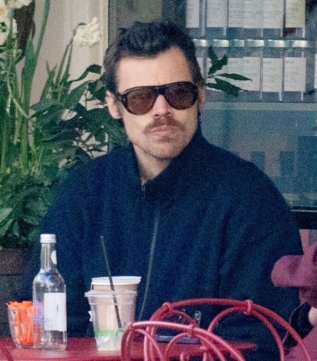 Harry Styles wearing sunglasses as he sits at coffee shop