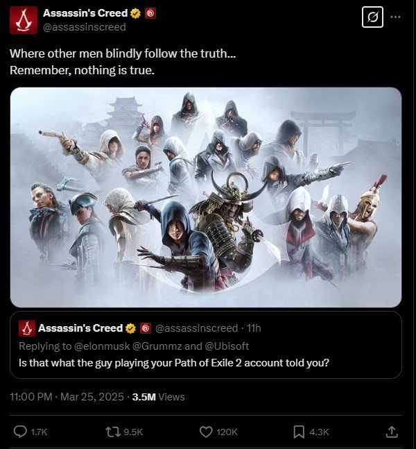 Assassin's Creed Shadows tweet against Elon Musk