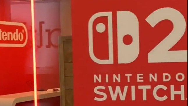 Interior of a building decorated with Nintendo Switch 2 advertising