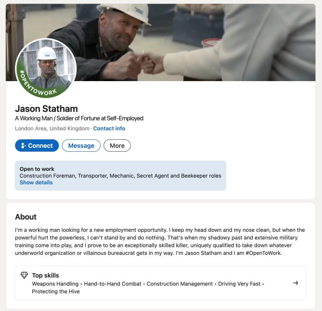 Jason Statham has a LinkedIn page/ is open for work on LinkedIn for his new working man role