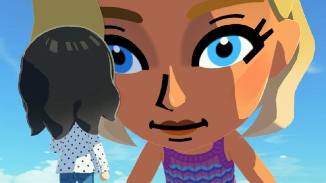 A giant Mii character looking down at a smaller character in Tomodachi Life