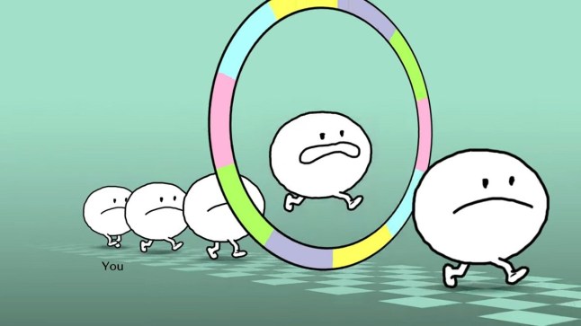 Five round white Rhythm Paradise characters marching in a line while one jumps through a coloured hoop