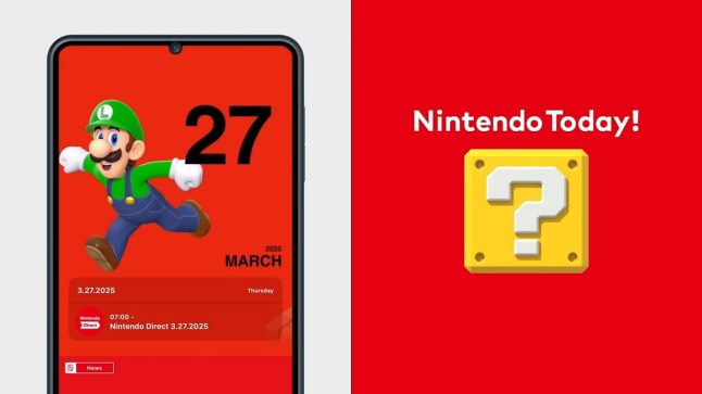 Nintendo Today app showing a calendar date with Luigi on it