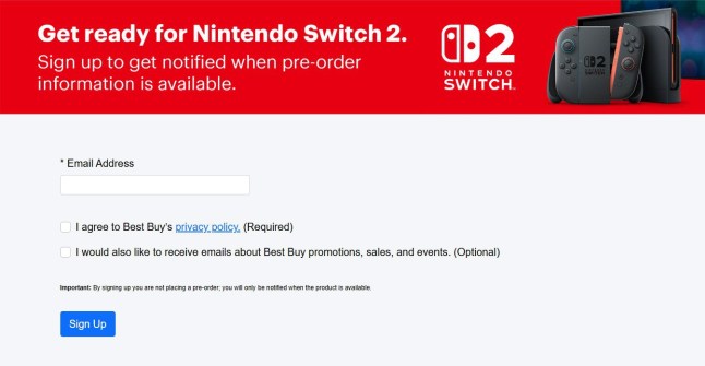 Best Buy pre-order form for Nintendo Switch 2